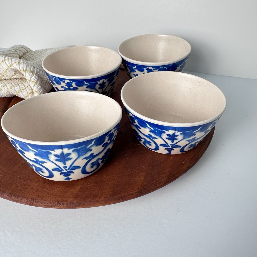 4 Blue & White Patina Vie "Lisbon" Bamboo Tidbit Bowls, Anthro‑vibe Cottage‑Boho - Picture 8 of 9